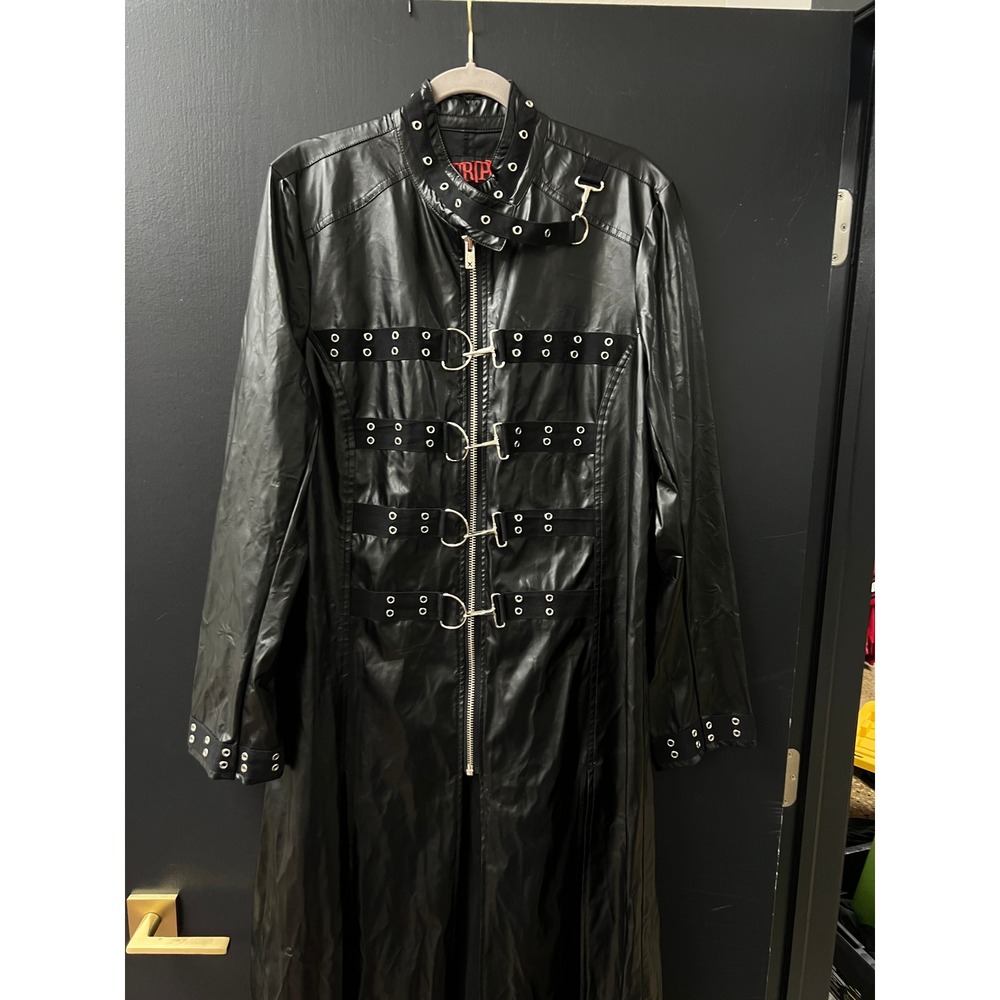 Tripp NYC Black Faux Leather Gothic Trench Coat Buckle Mens XL Daang Goodman